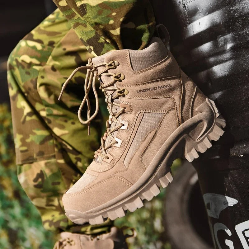 Brown tactical boots designed for rugged terrain, ideal thermal outdoor boots for various conditions