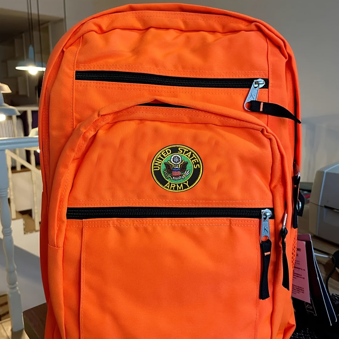 US Army embroidered patch on an orange backpack with multiple zippered pockets