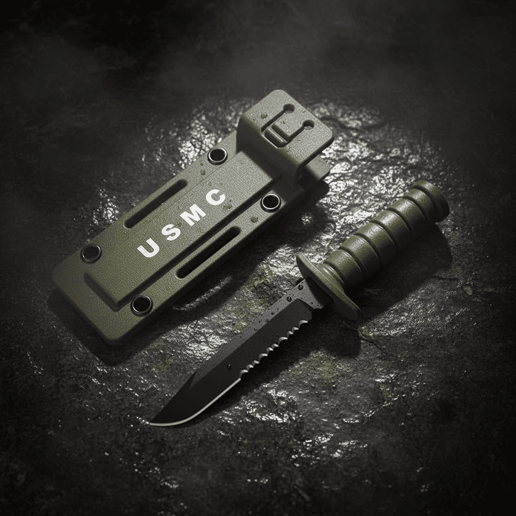 Mini outdoor knife with serrated edge and green sheath for tactical use