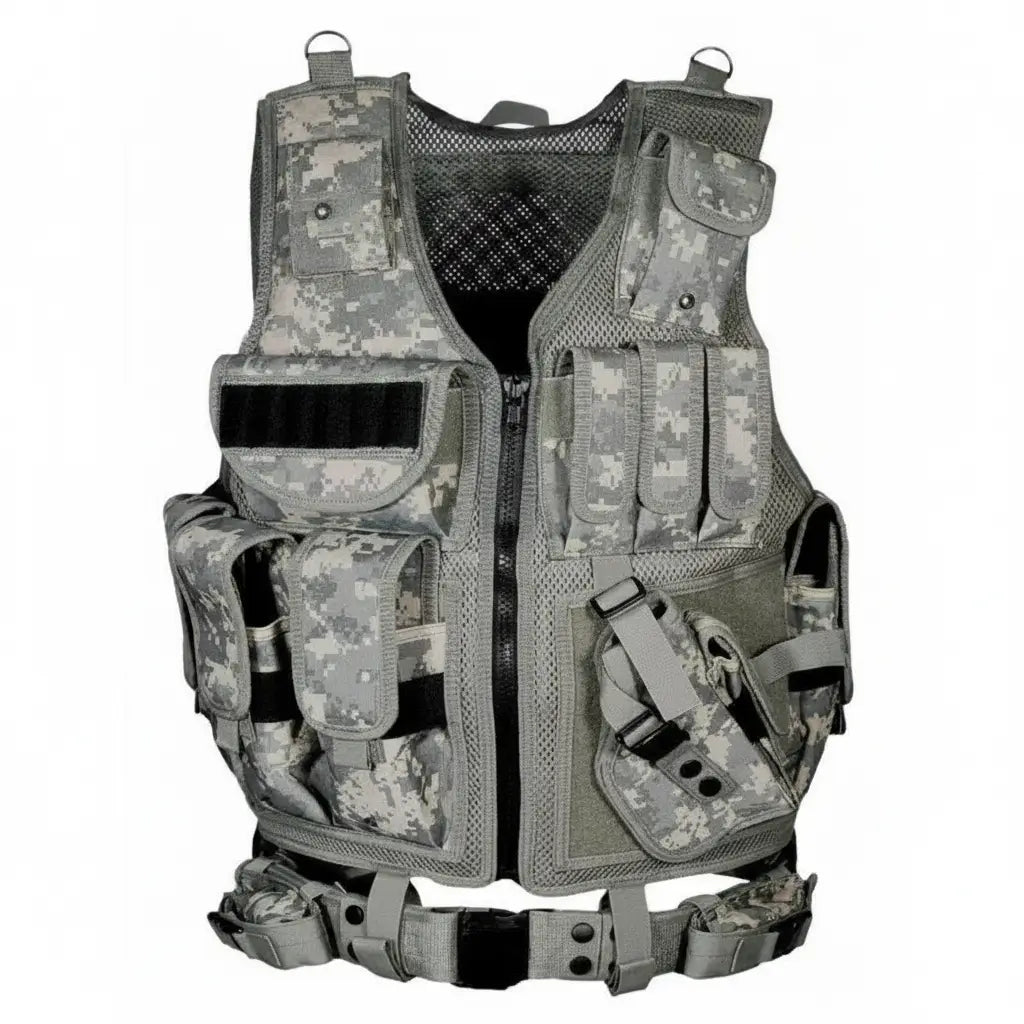 Military Utility Vest in camo with multiple pockets and adjustable straps for outdoor activities