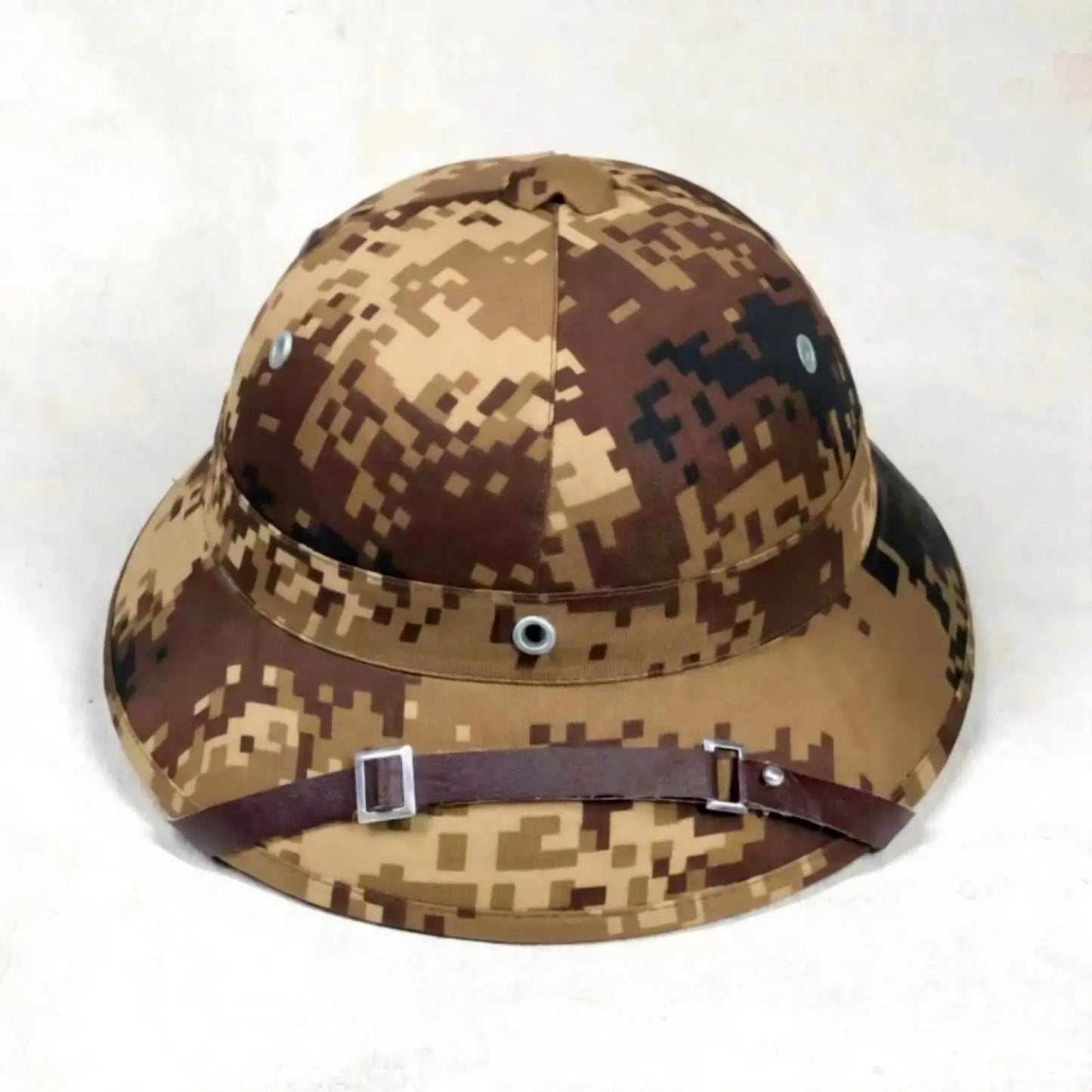 Camouflage bucket hat with a brown strap on a white background