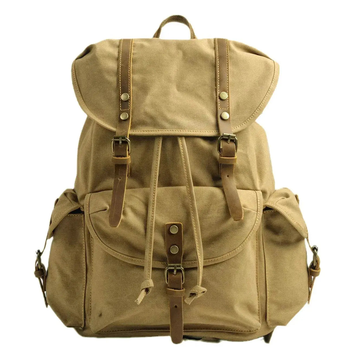 Vintage canvas backpack in khaki with multiple storage pockets