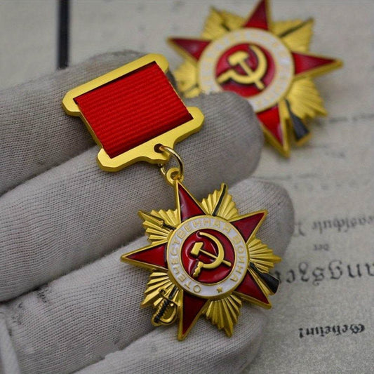 Vintage USSR war medal with red ribbon and golden star design, ideal for collectors and history enthusiasts