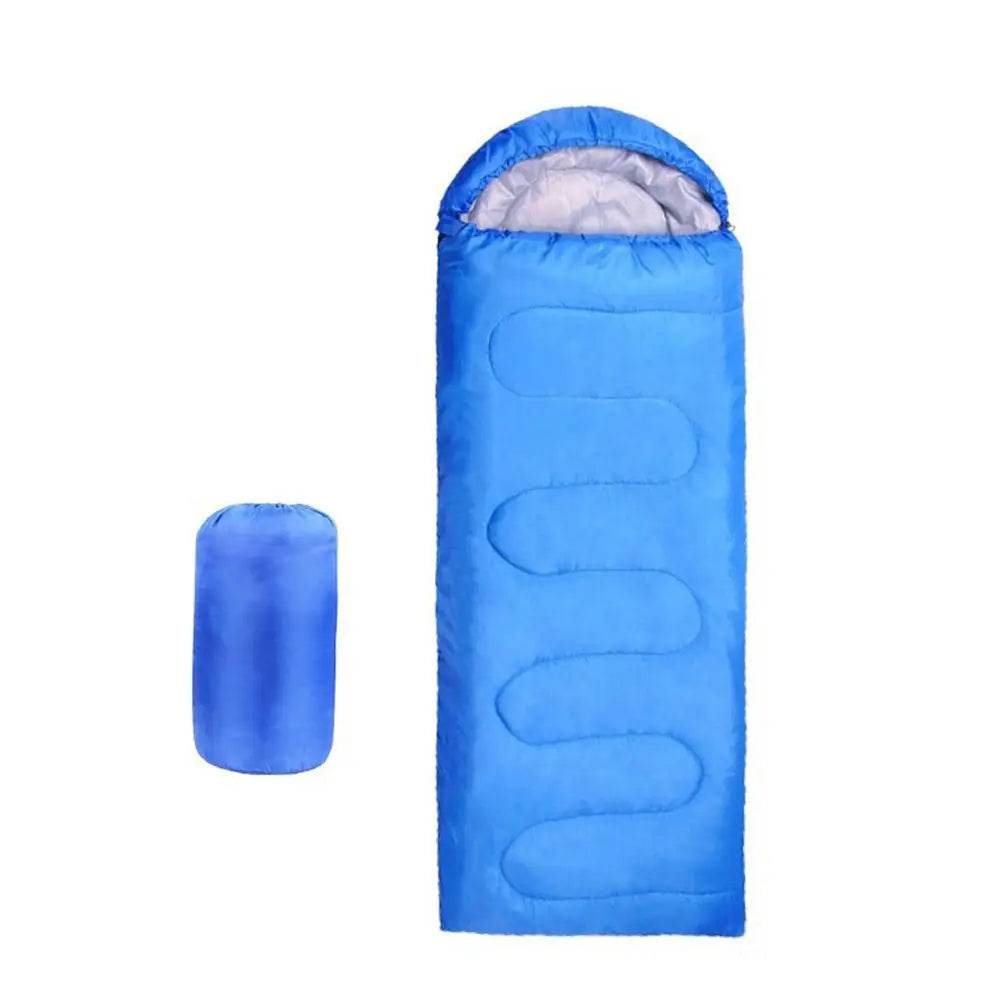 Blue warm sleeping bag with a compact carrying case, perfect for camping and outdoor adventures