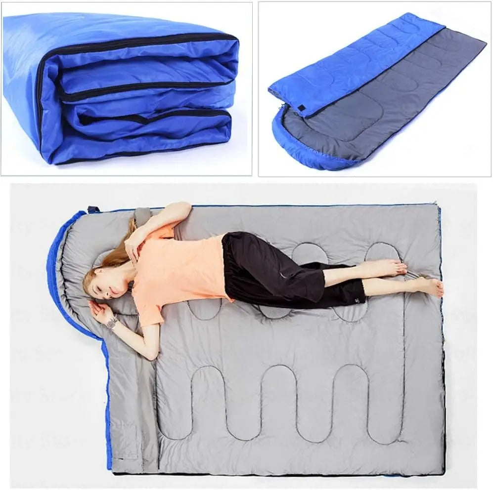 Compact blue and gray warm sleeping bag featuring soft insulation for comfortable outdoor sleeping
