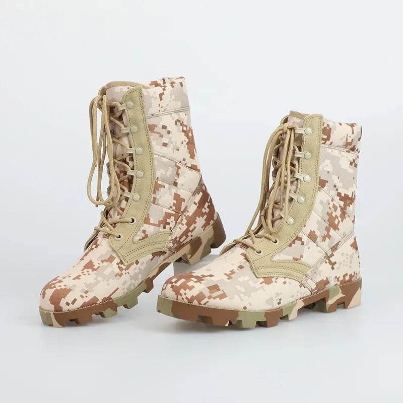 Military-Outdoors waterproof tactical combat boots in desert camouflage design for durability and comfort