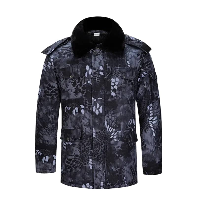 Black patterned Winter outdoor Coat featuring durable fabric and multiple pockets