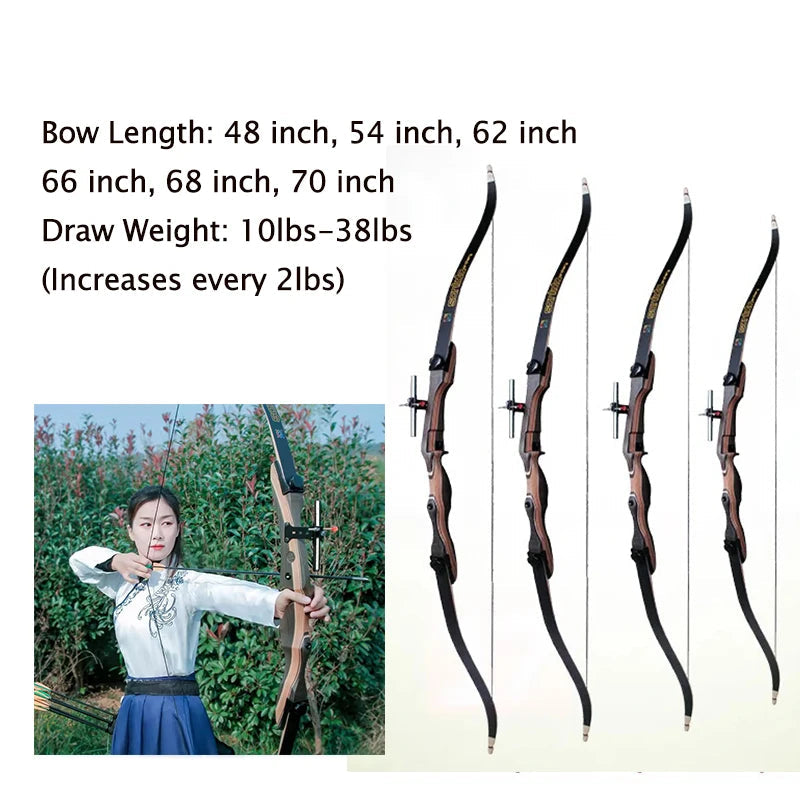 Wood recurve bow available in various lengths and draw weights for archery enthusiasts
