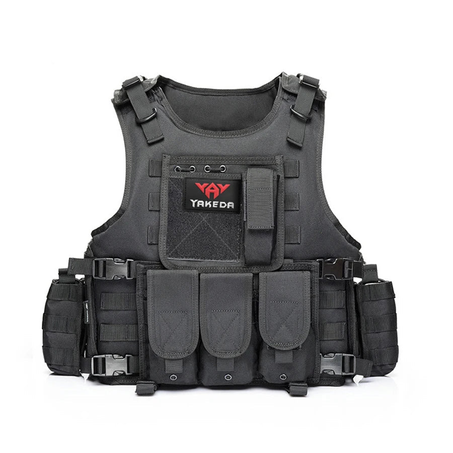 Yakeda tactical outdoor vest in black featuring multiple pockets and adjustable straps for outdoor activities