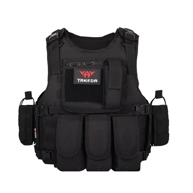 Yakeda tactical outdoor vest in black with adjustable straps and multiple pockets for gear storage