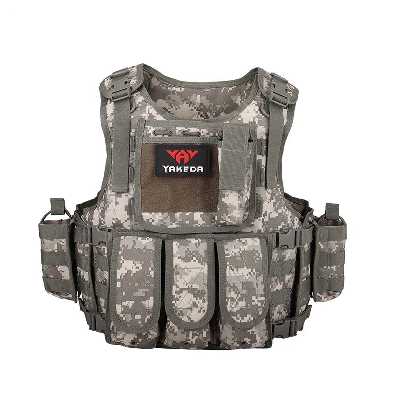 Yakeda tactical outdoor vest in grey digital camouflage with multiple pockets and adjustable straps