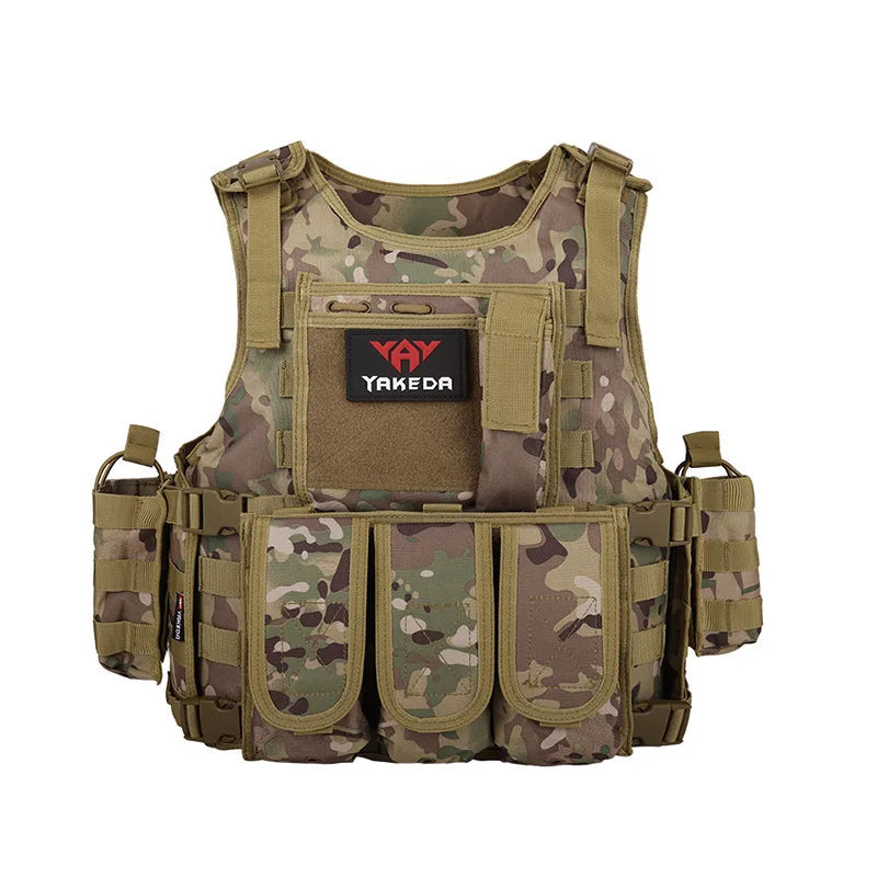 Yakeda tactical outdoor vest in camouflage pattern with multiple pockets and adjustable straps for outdoor activities