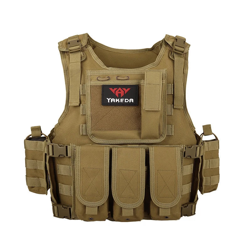 Yakeda tactical outdoor vest in khaki with multiple pockets and adjustable straps for military training