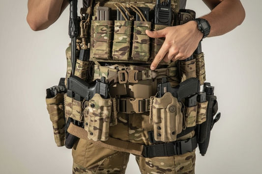 Person wearing a tactical vest with multiple weapons and gear 