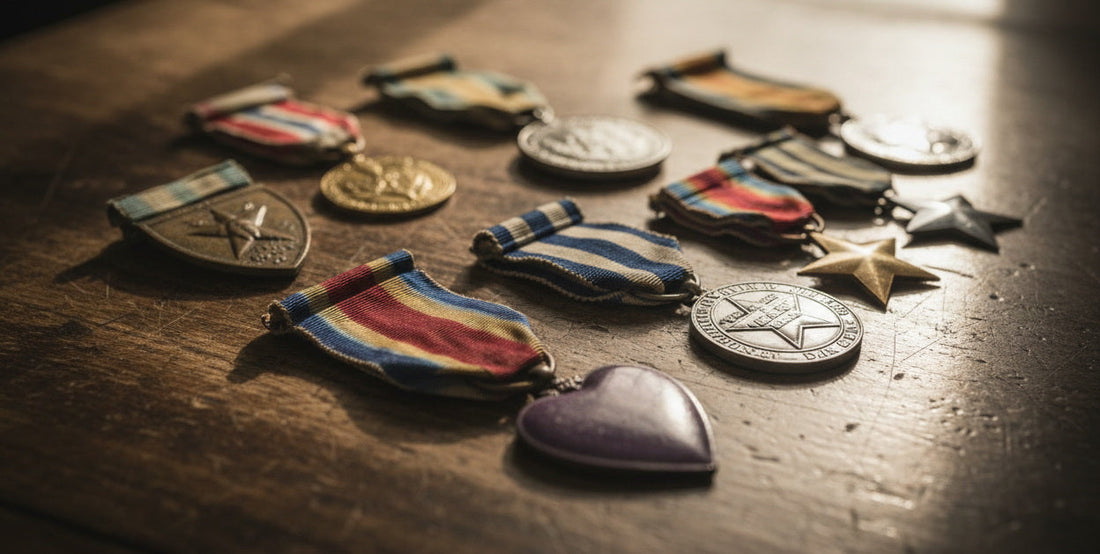 Assortment of military medals displayed on a table