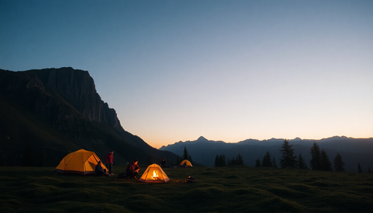 Camping setup with glowing tents at dusk in mountainous terrain featuring top military camping gear