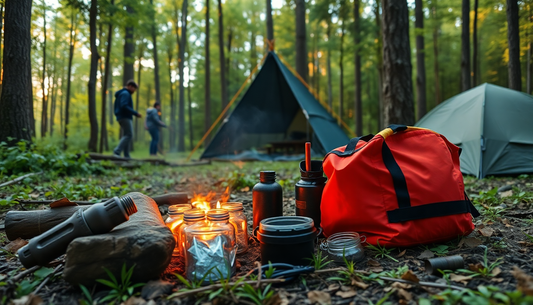 Red camping backpack with supplies for emergency situations in the forest