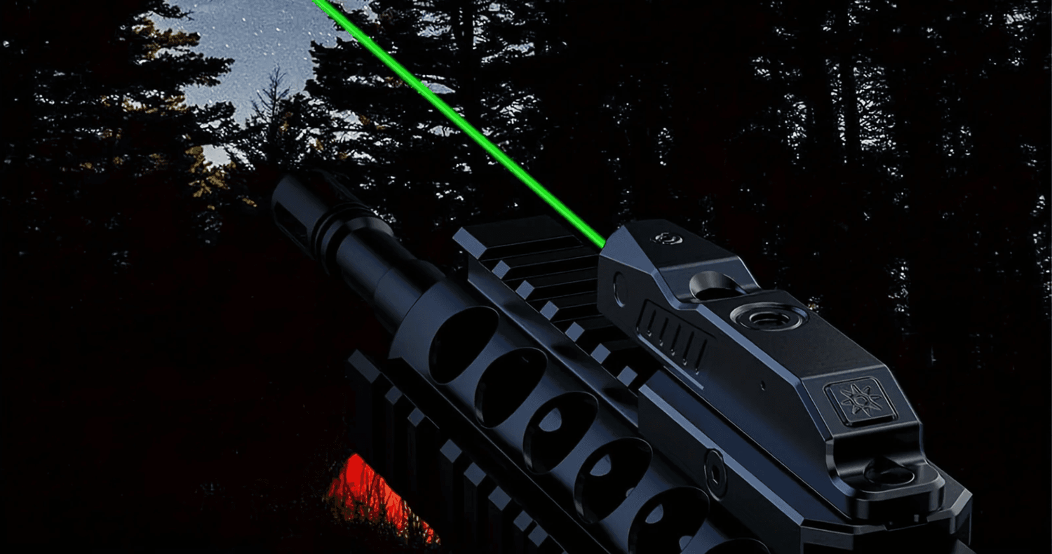 Military laser sights featuring a green laser on a tactical firearm against a dark forest background