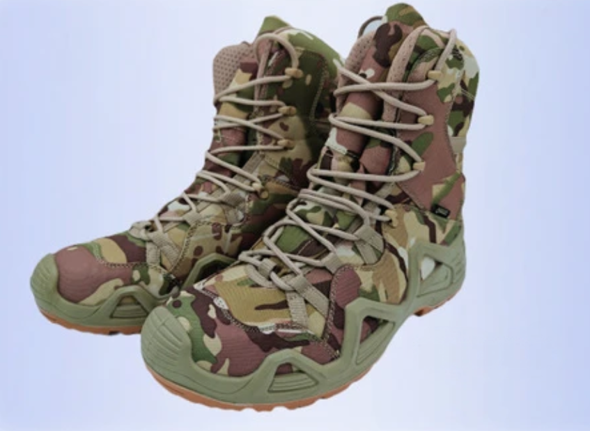 Durable military tactical boots featuring a camouflage design for rugged outdoor use