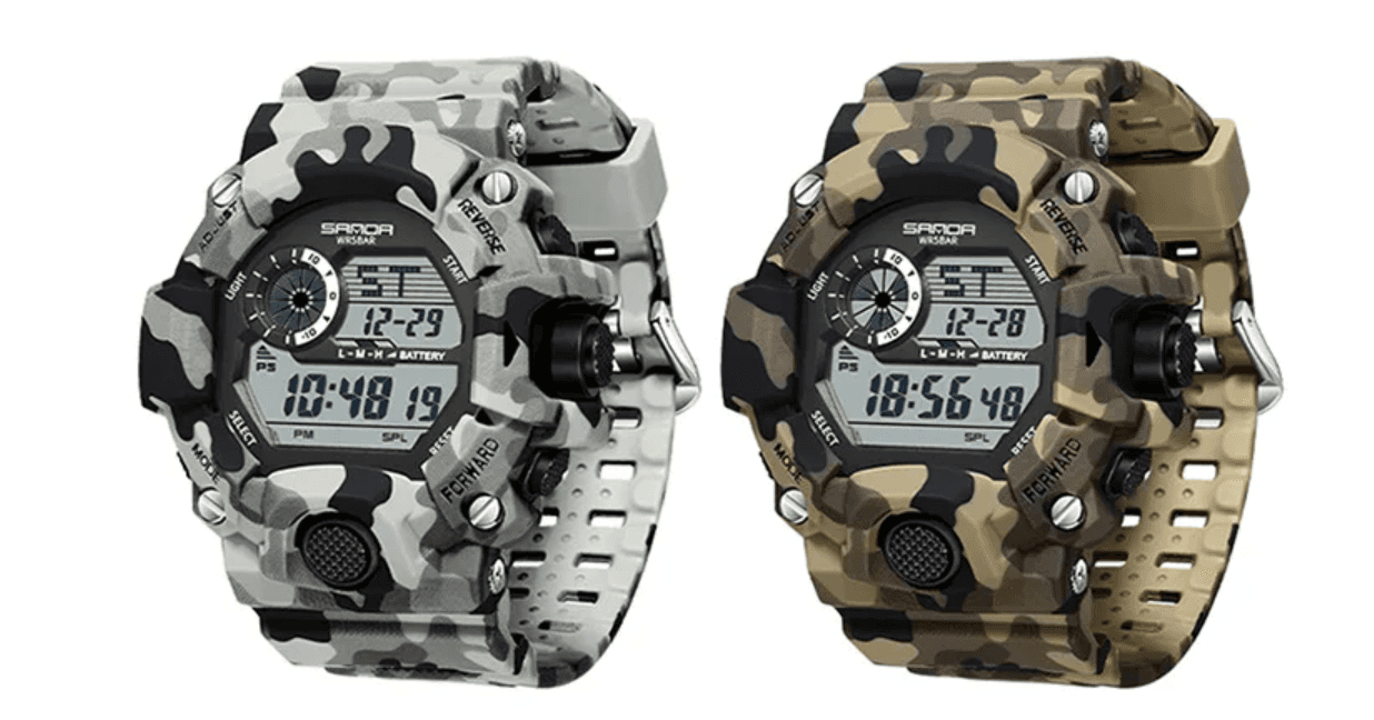 Military style watches in camouflage designs with digital displays and durable straps