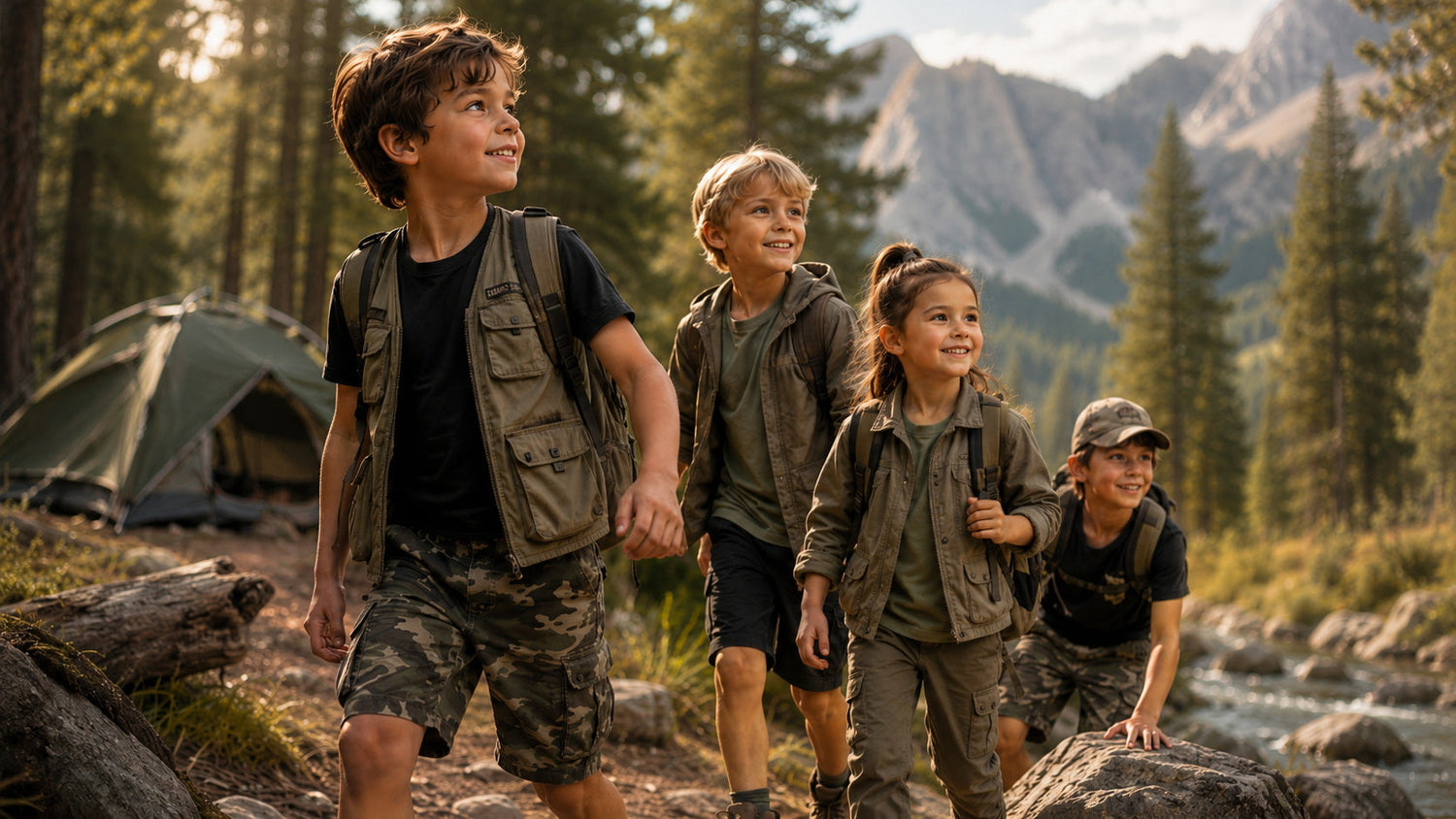 Boys adventure clothing featuring a camo print short and olive green tee for playful outdoor activities