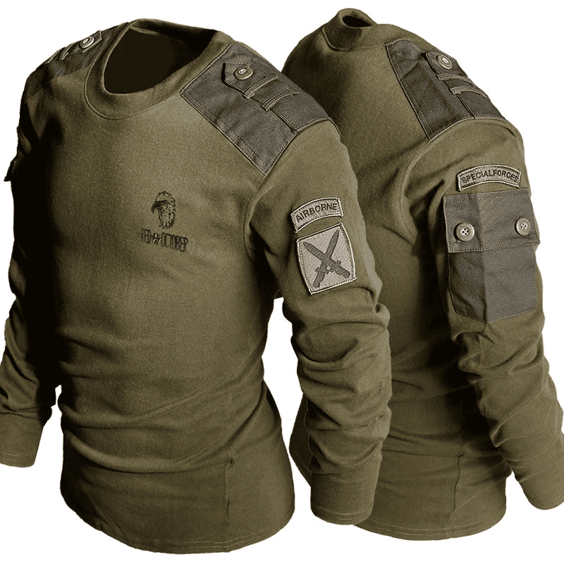 Tactical T-Shirt for Military with Patches and Shoulder Details in Olive Green Color