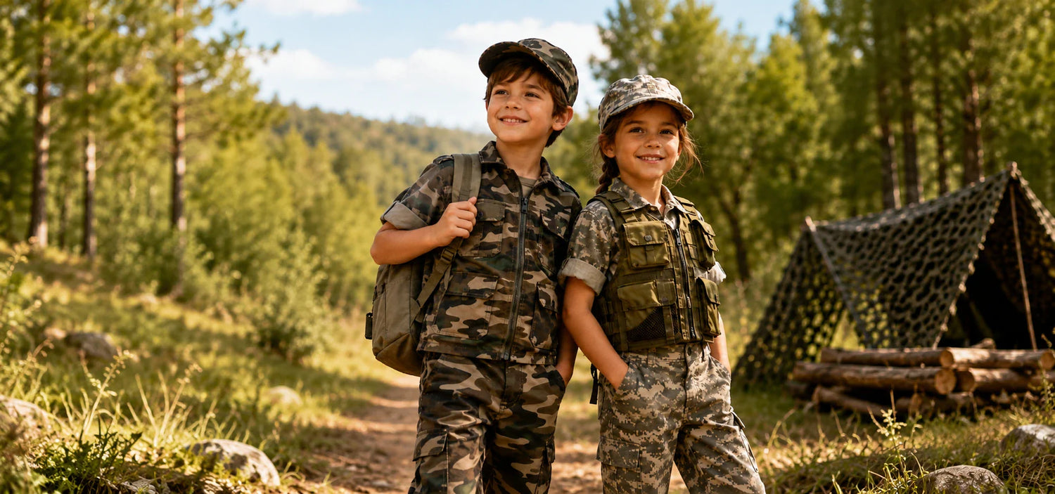 Kids military uniforms collection showcasing camouflaged costumes and accessories for imaginative play