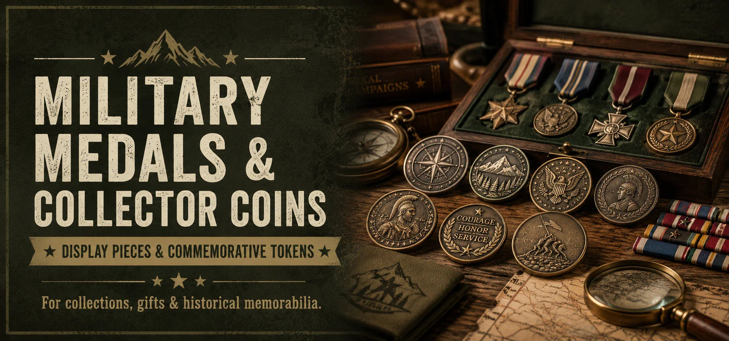 Collection of vintage military medals and coins including rare replicas ideal for collectors