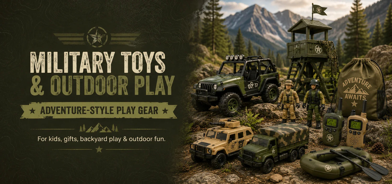 Military toys and outdoor play gear with toy vehicles action figures and kids walkie talkies