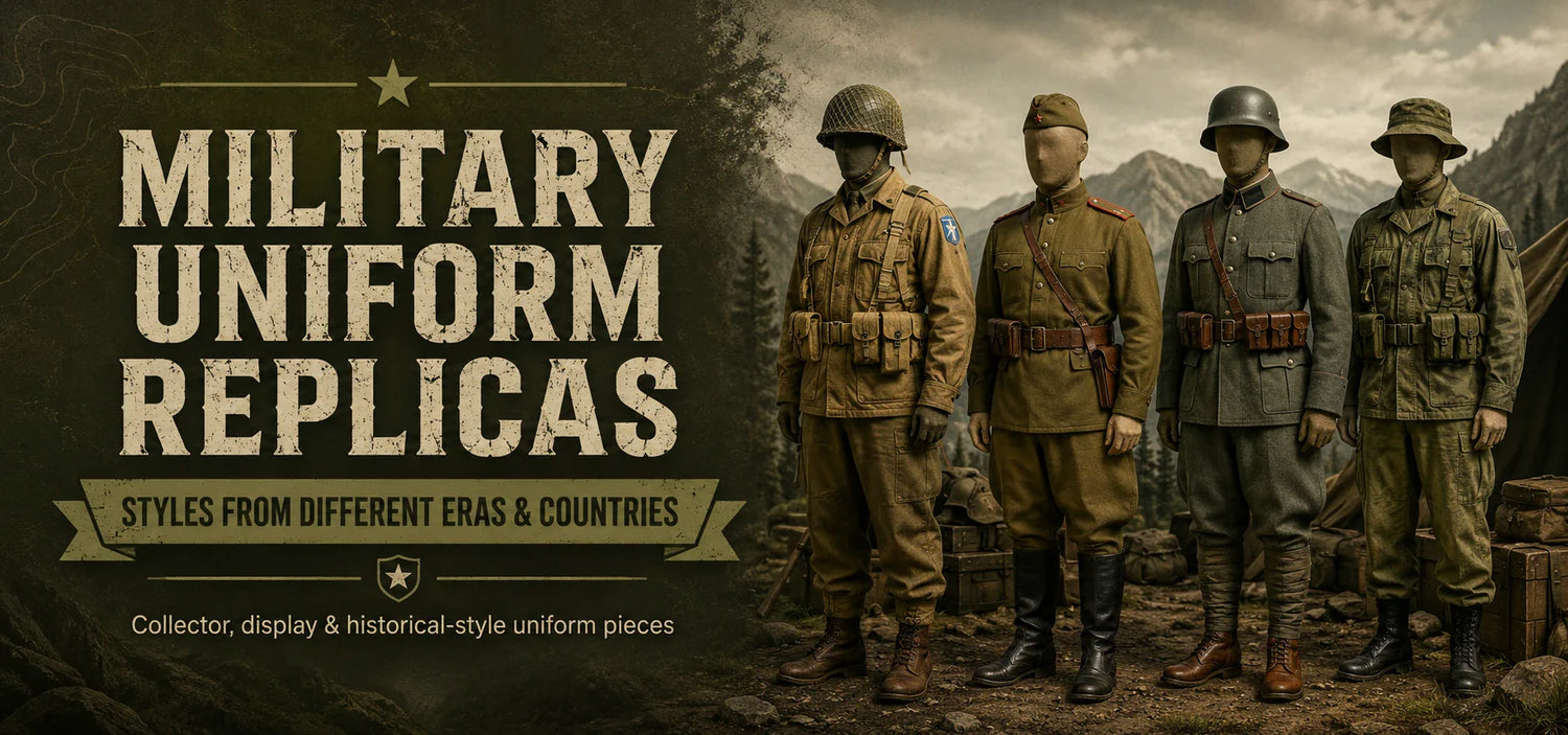 Military uniform replicas from different eras and countries for collector display and historical-style collections