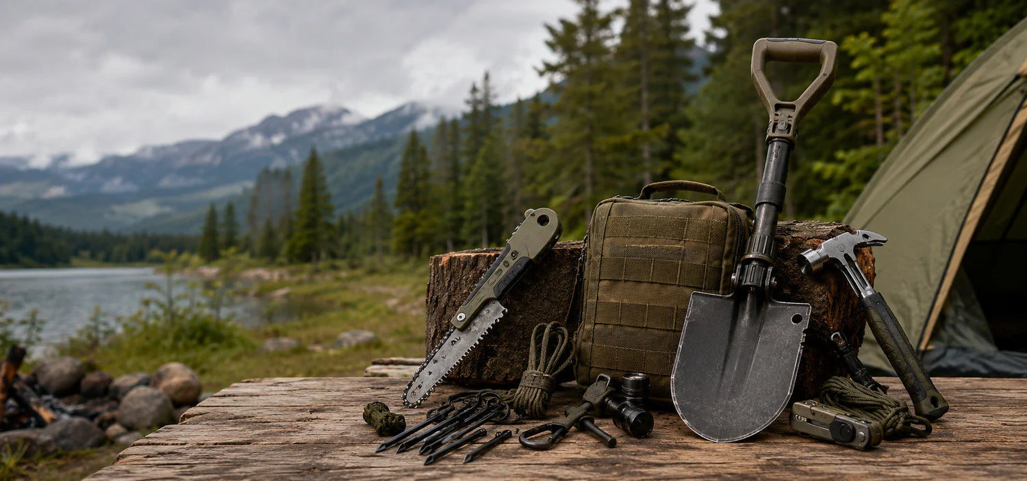Durable outdoor tools including military shovels, multi-tools, and essential gear for survival kits