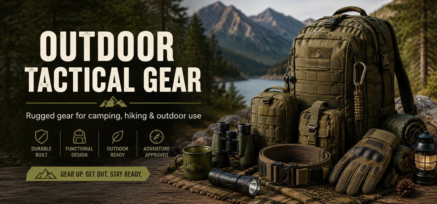 Outdoor tactical gear collection with camping accessories bags pouches tools clothing and military-inspired equipment