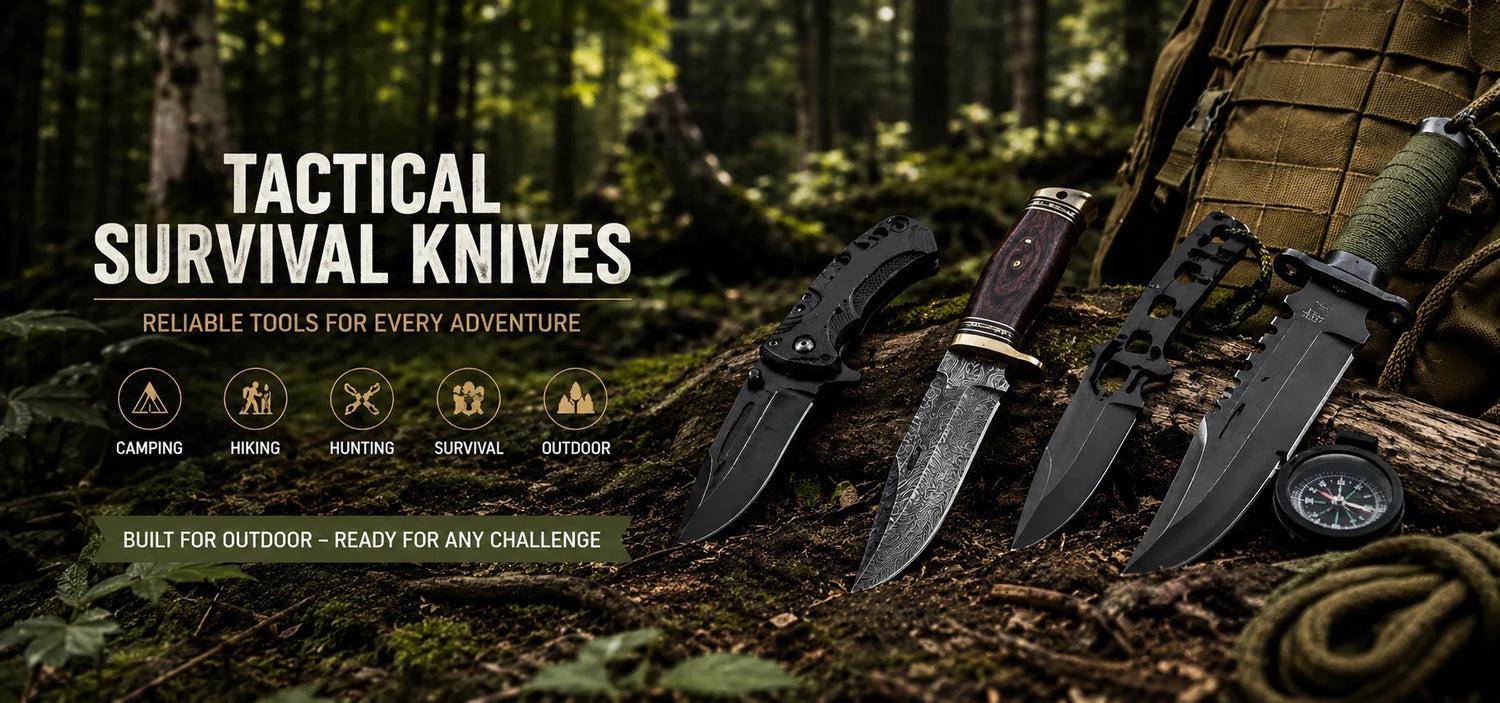 Collection of tactical survival knives, featuring durable designs for outdoor activities and military use