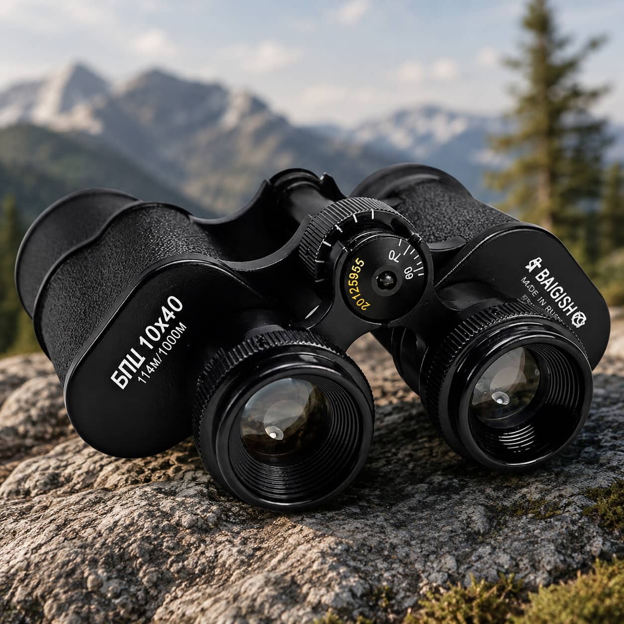 10x40 outdoor binoculars with compact black design for hiking, camping, travel, wildlife viewing and scenic observation.