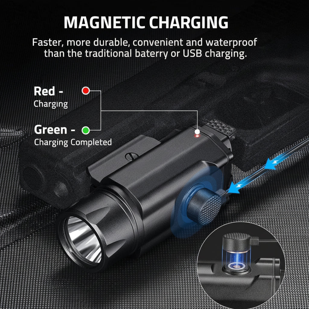1600 lumens rail-mounted light with magnetic charging for quick use