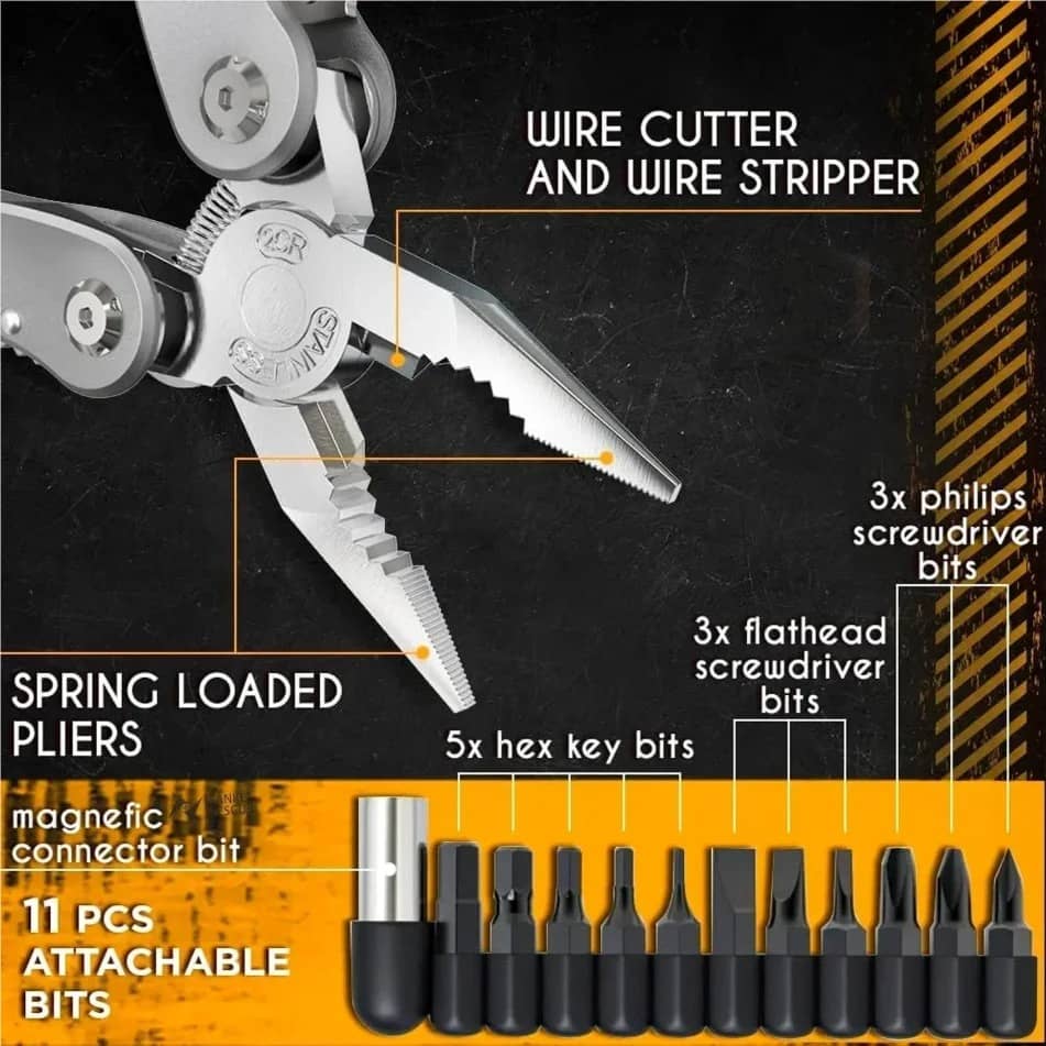 24-in-1 mini multi tool with pliers, screwdriver bits, and wire cutter features