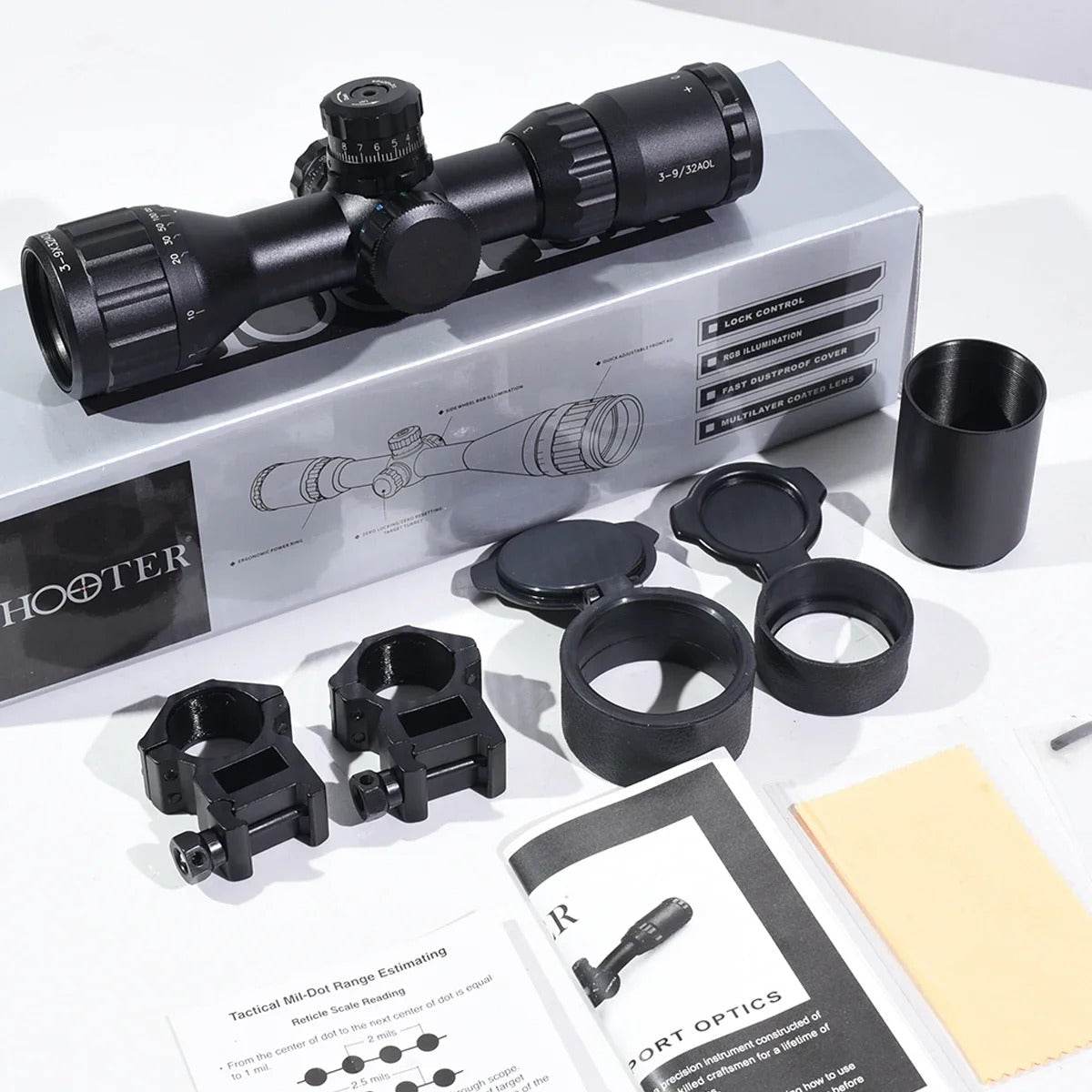 3-9x32 rifle scope in black with mounting rings and user manual