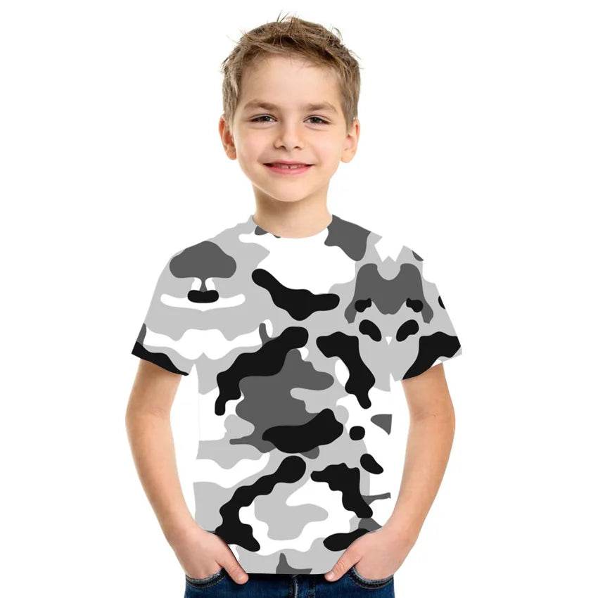 Kids camouflage t-shirt in gray and black for outdoor adventures
