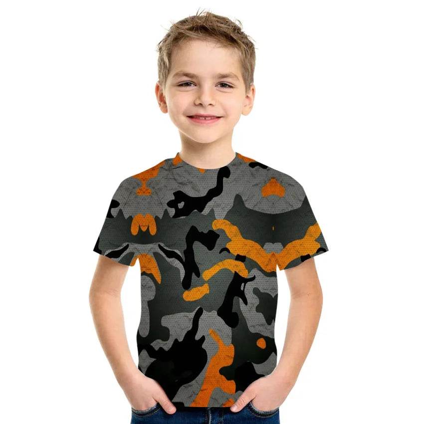 Kids boys camouflage t-shirt in gray and orange for casual play