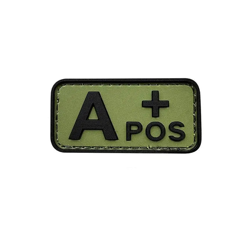 3D PVC blood type patch in olive green with A plus and POS lettering