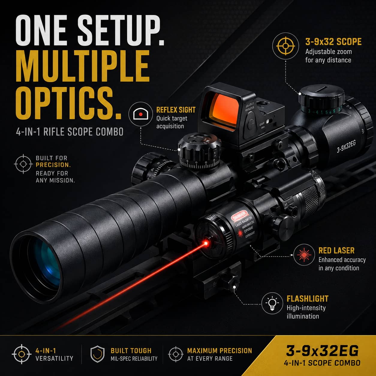 3-9x32EG 4-in-1 rifle scope combo with adjustable zoom and red laser