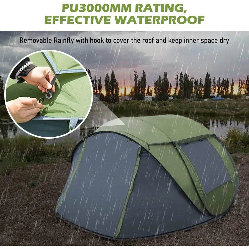 4 Person Instant Tent featuring PU3000mm waterproof rating with removable rainfly for dry inner space