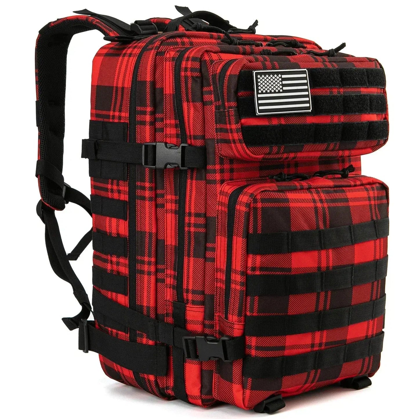 Red and black plaid 45L military rucksack with durable straps and multiple compartments for outdoor adventures