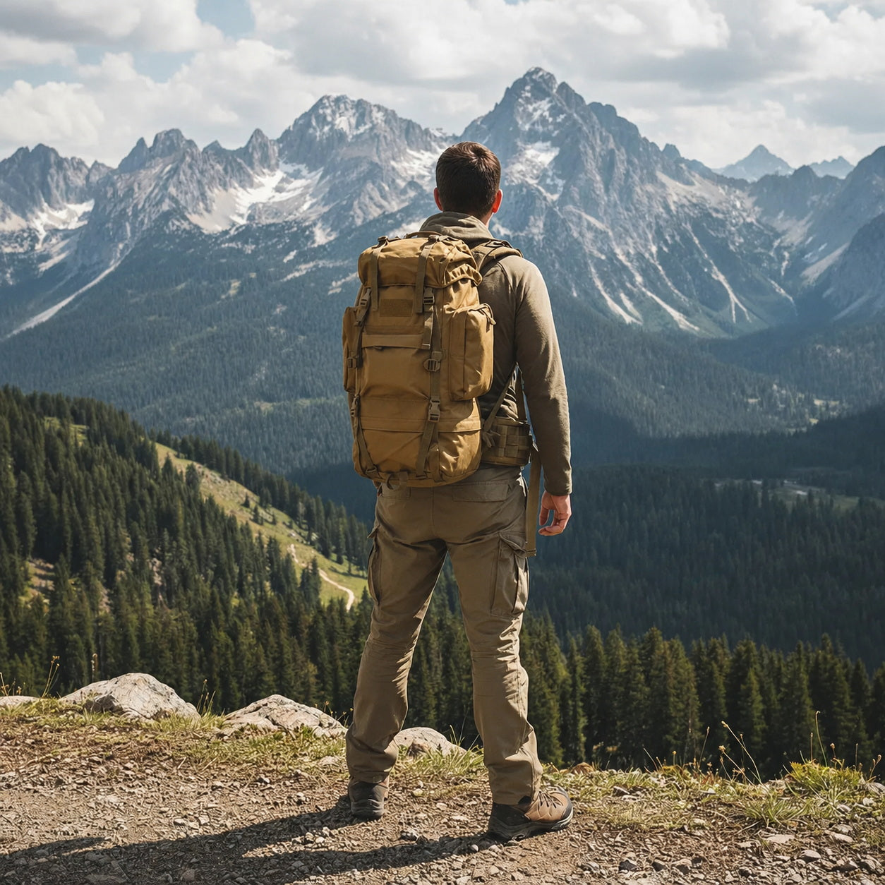 65L outdoor rucksack with camouflage pattern, shoulder straps, and large gear storage