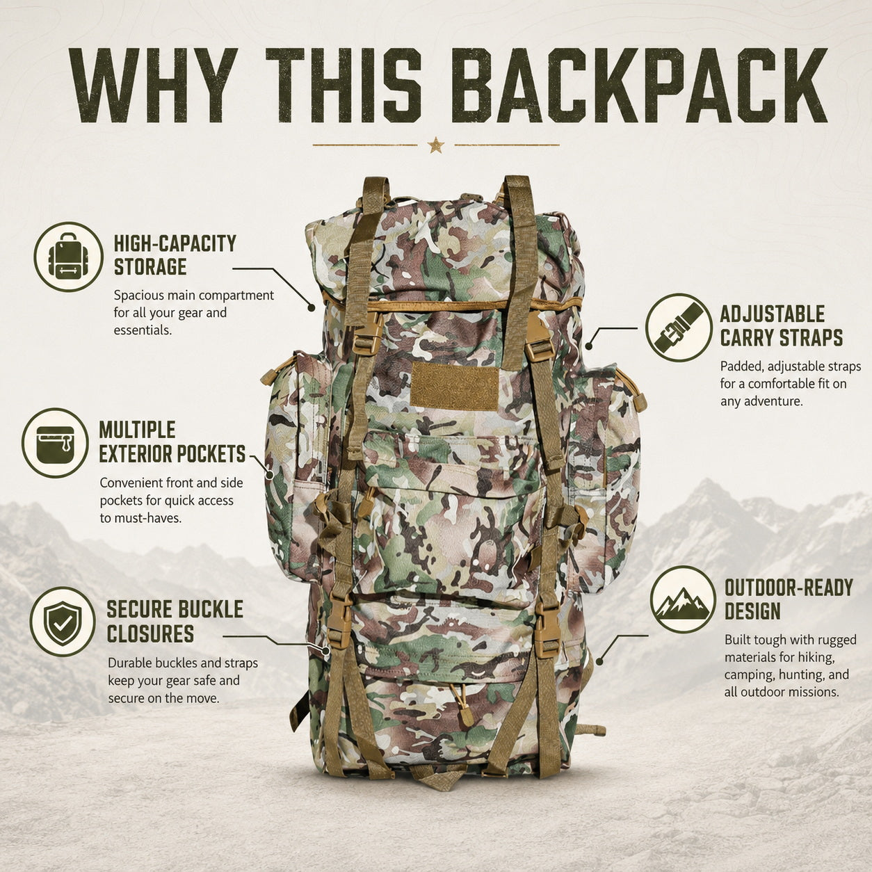 Camo 65L outdoor rucksack with adjustable straps for camping and hiking