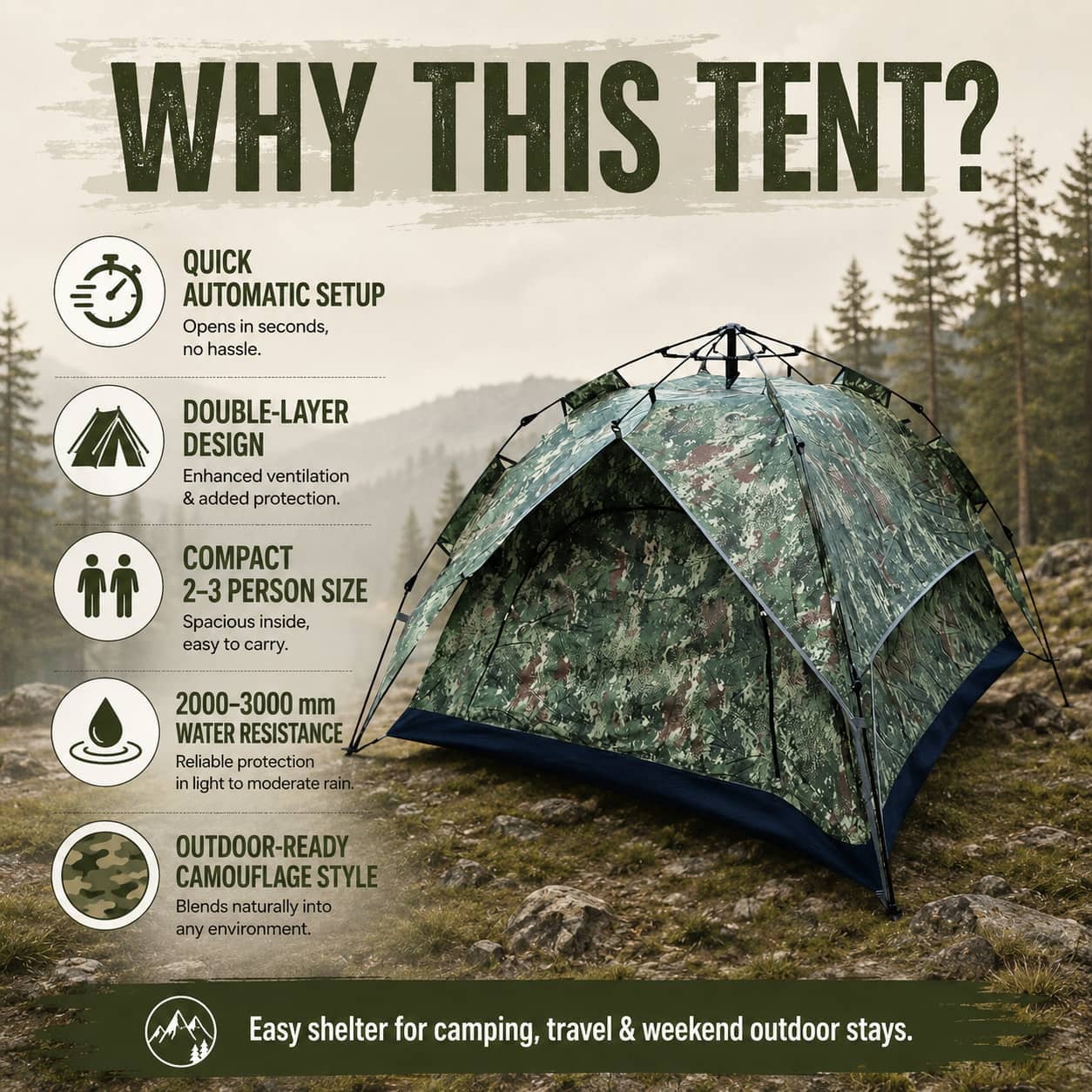 Camouflage Double Decker Automatic Tent for 2-3 Person