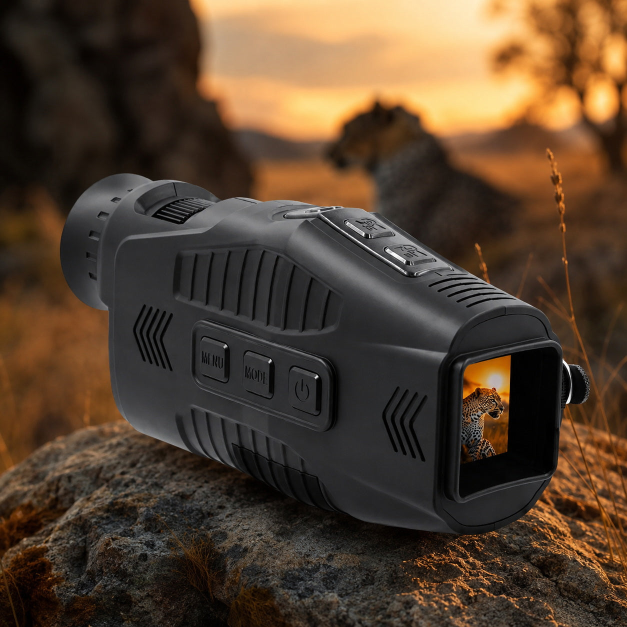 Black thermal imaging device on a rock with a leopard in the background during sunset.