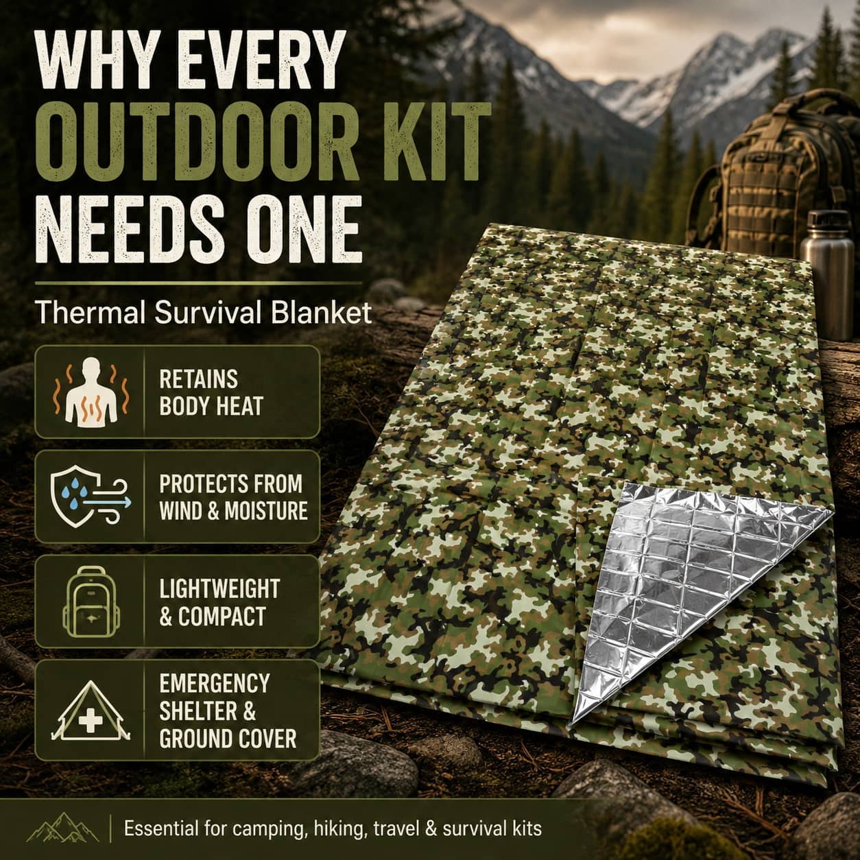 Thermal Emergency Survival Blanket for Camping, Hiking & Outdoor Protection