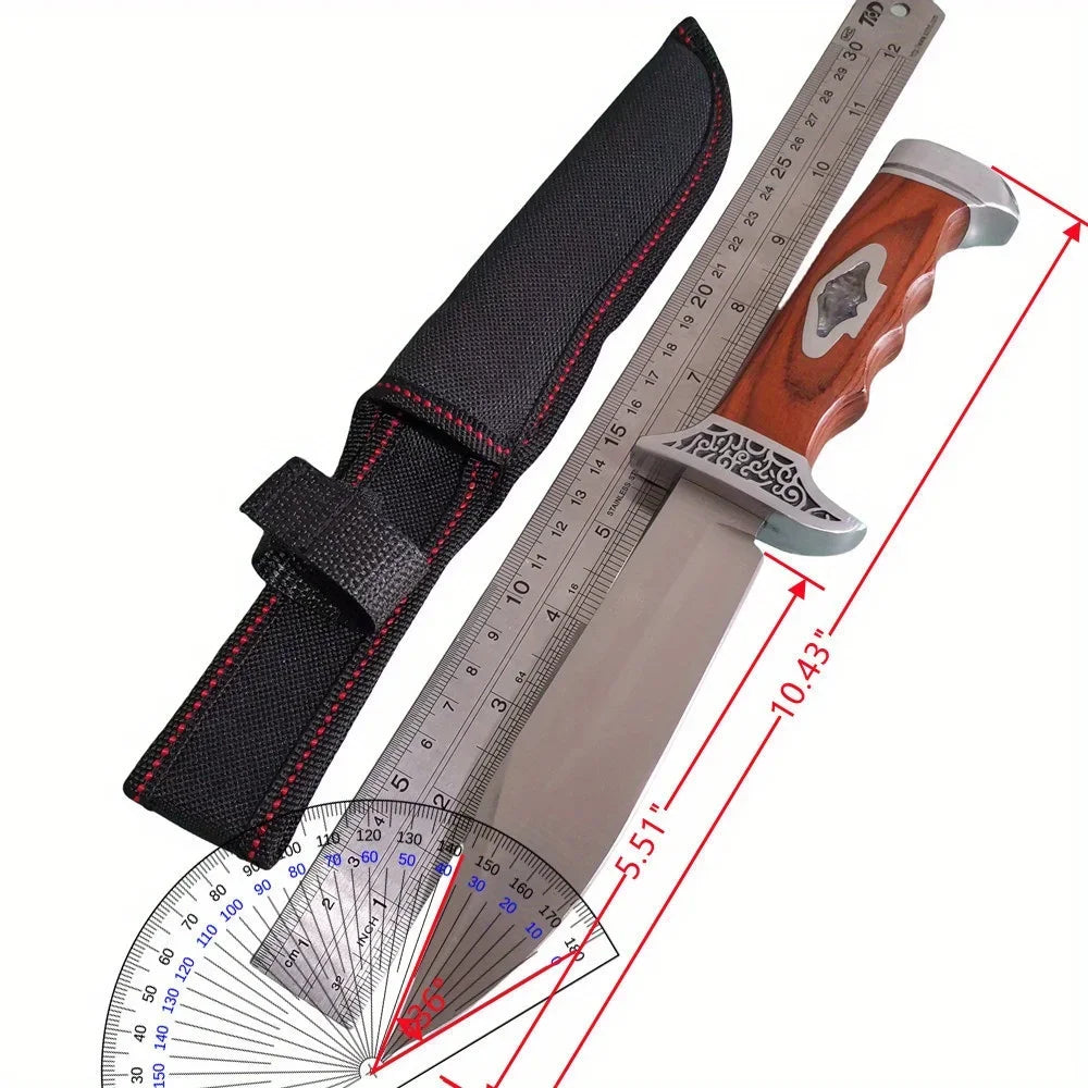 Knife with sheath, wooden handle, and measurements on a white background