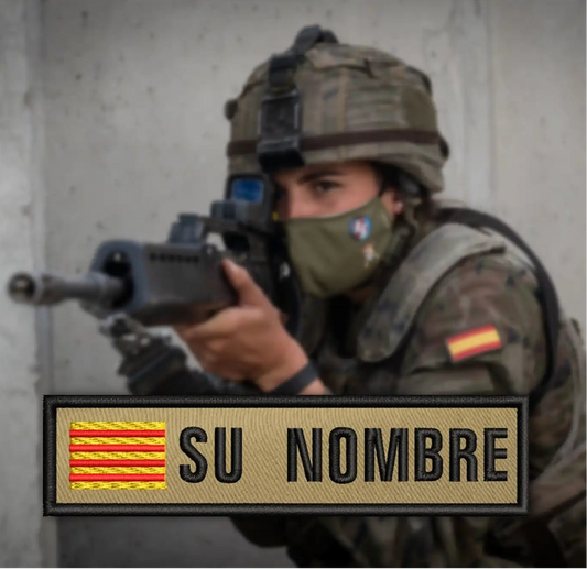 Person in military gear holding a rifle with a flag patch on a gray background